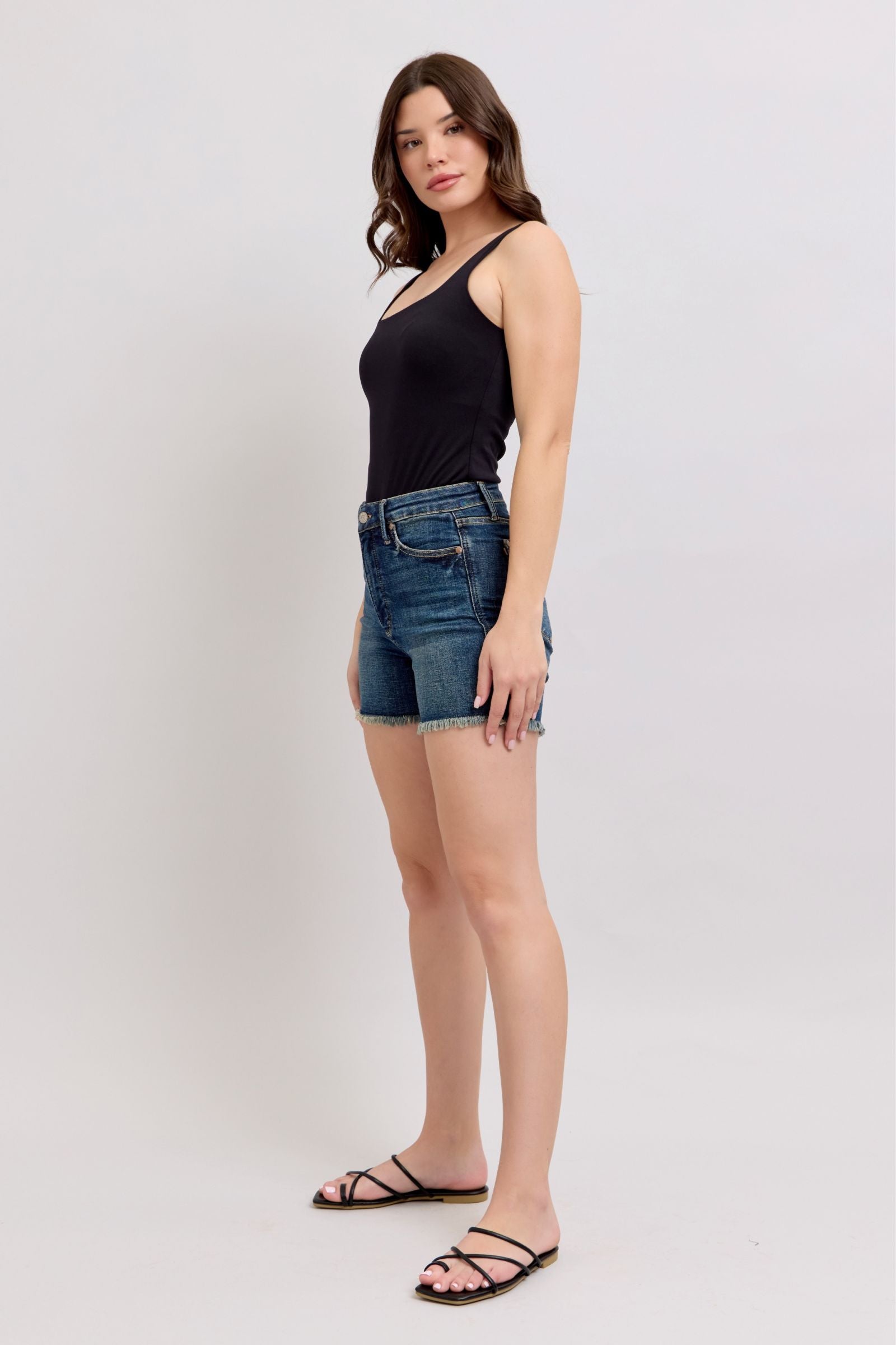 DARKWASH TUMMY CONTROL HIGH WAIST FRAYED HEM SHIELD BACK POCKETS SHORTS JUDY BLUE DENIM-PLUS