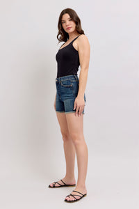 DARKWASH TUMMY CONTROL HIGH WAIST FRAYED HEM SHIELD BACK POCKETS SHORTS JUDY BLUE DENIM-PLUS