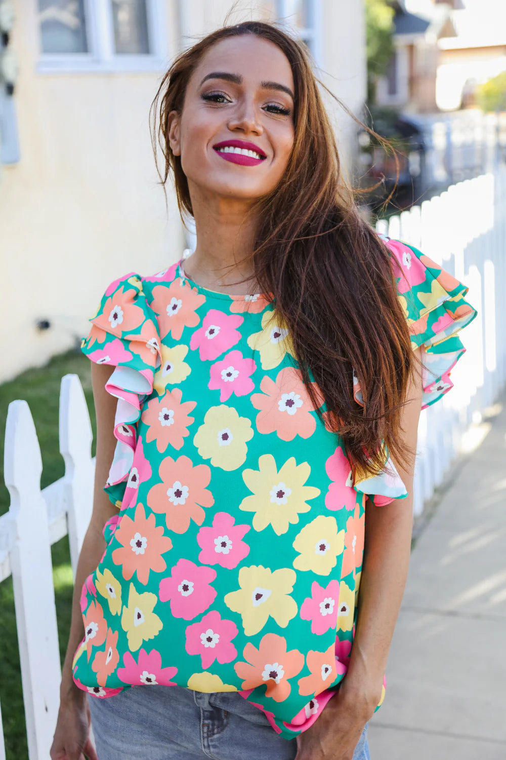 GREEN MULTI FLORAL FLUTTER TOP