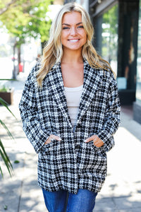BLACK WHITE HOUNDSTOOTH DESIGN BLAZER PEACOAT