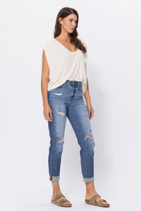 LIGHT WASH HIGH WAIST CUFFED BOYFRIED WITH DESTROY JUDY BLUE DENIM