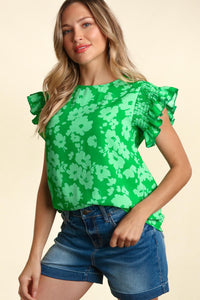 KELLY GREEN SMOCKED RUFFLE FRILLY SHORT SLEEVE FLORAL WOVEN BLOUSE