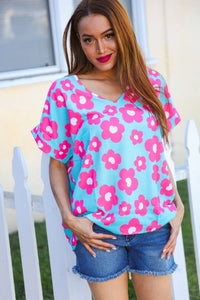 AQUA BLUE AND PINK FLORAL PRINT DOLMAN TOP-PLUS