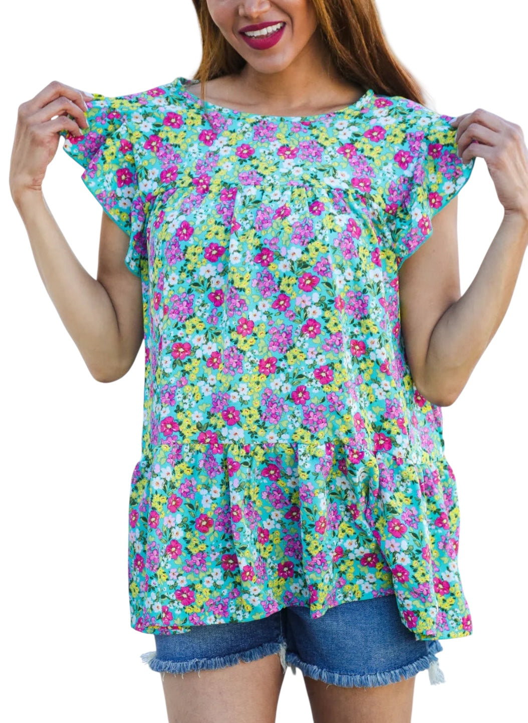 MINT FLORAL YOKE FLUTTER KEYHOLE BACK RUFFLE TOP- SALE- MEDIUM AVAILABLE