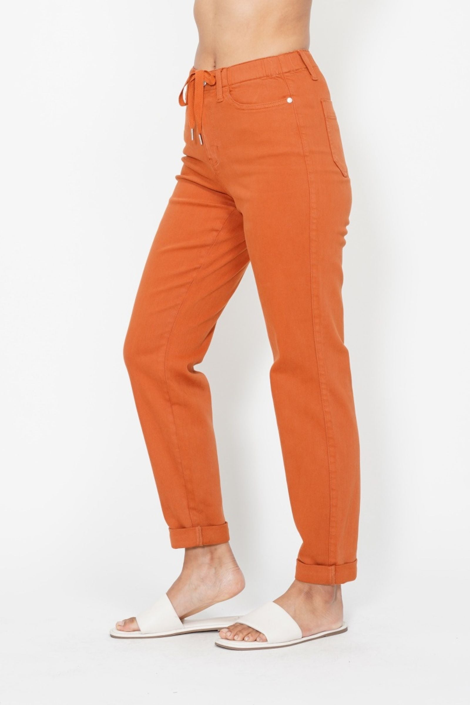 AUBURN ORANGE HIGH WAIST GARMENT DYED JOGGERS DOUBLE CUFFED JUDY BLUE DENIM-PLUS