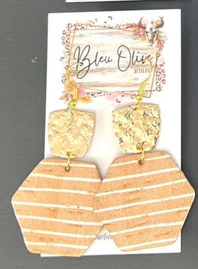 MUSTARD IVORY STRIPED HEXAGON GOLD DISC HANDMADE EARRINGS BY B.O.D