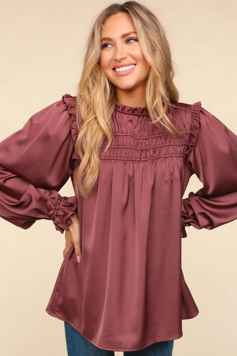 CHESTNUT MARSALA MAUVE MOCK NECK SATIN WOVEN RUCHED BLOUSE-PLUS