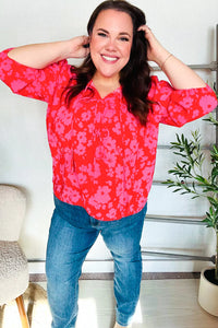 RED PINK RIBBON BOW FLORAL WOVEN TOP-PLUS