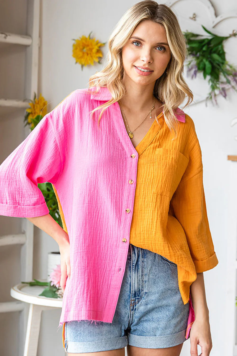 FUCHSIA ORANGE COLORBLOCK COLLARED BUTTON DOWN COTTON-GAUZE-LIKE MATERIAL FRONT POCKET TOP
