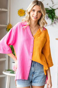 FUCHSIA ORANGE COLORBLOCK COLLARED BUTTON DOWN COTTON-GAUZE-LIKE MATERIAL FRONT POCKET TOP