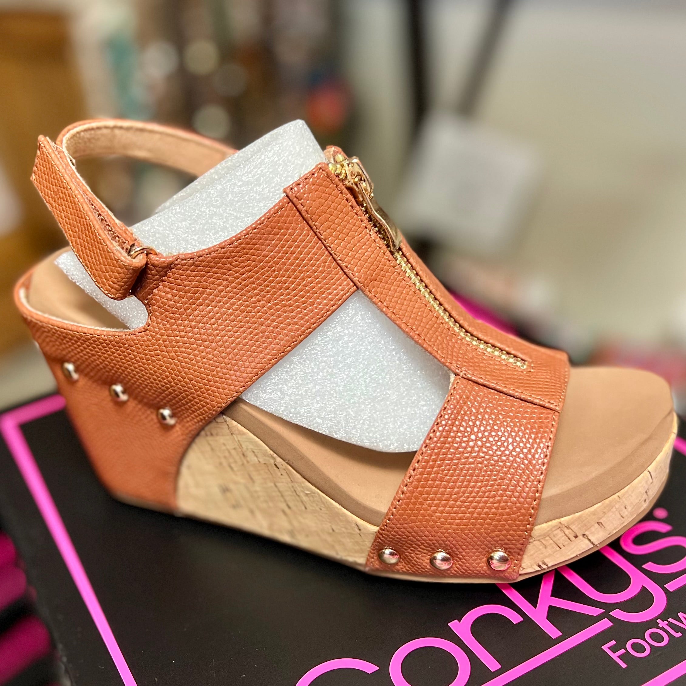 ZIP IT GOOD COGNAC CORKYS SANDAL WEDGES