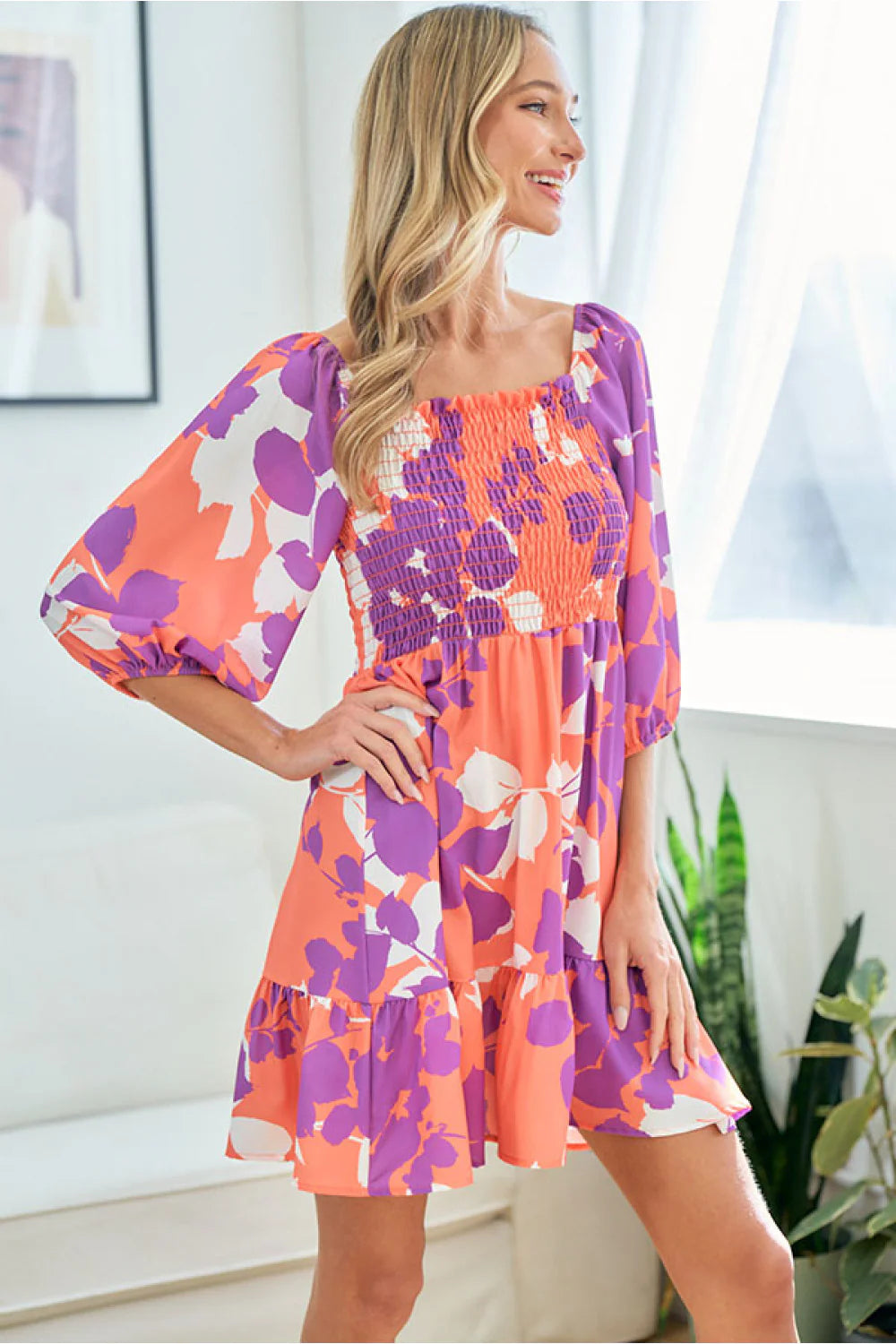 CORAL PURPLE FLORAL BABYDOLL FIT & FLARE SMOCKED DRESS- PLUS- SALE