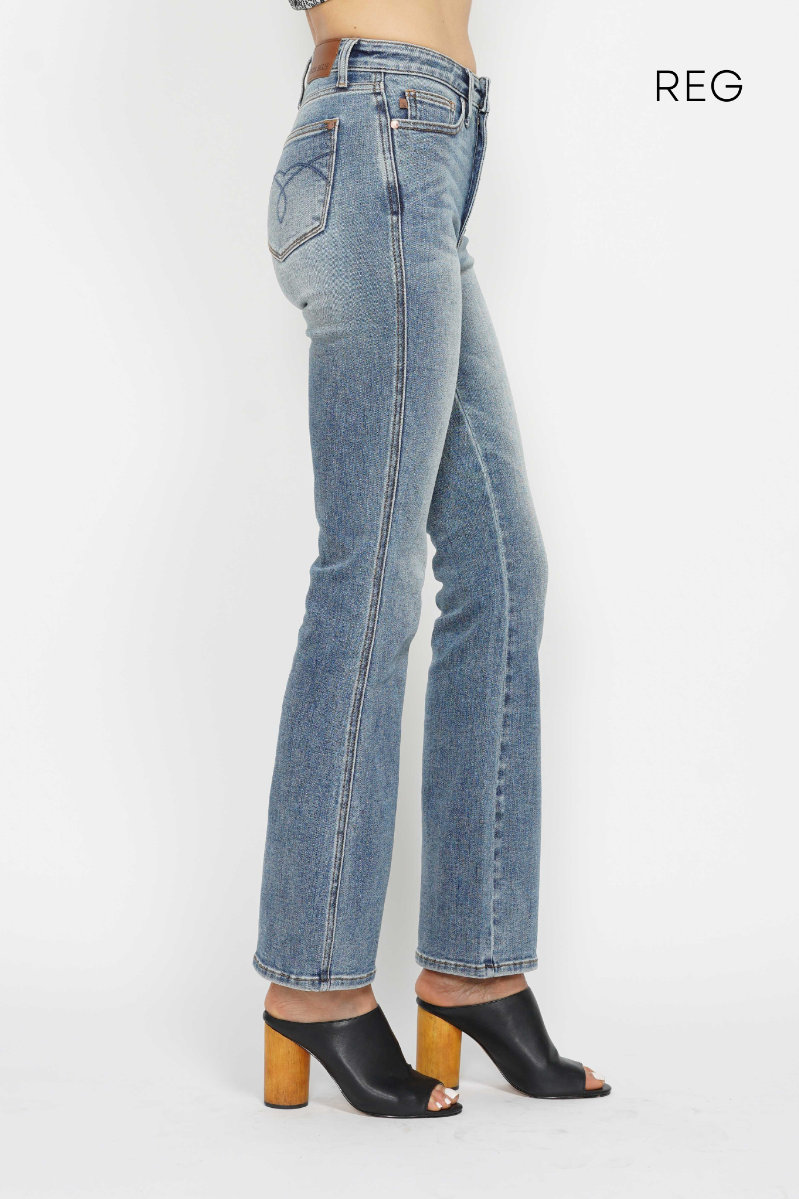 *SHORT INSEAM* HIGH WAIST TUMMY CONTROL MEDIUM WASH BACK POCKET EMBROIDERY BOOTCUT JUDY BLUE DENIM