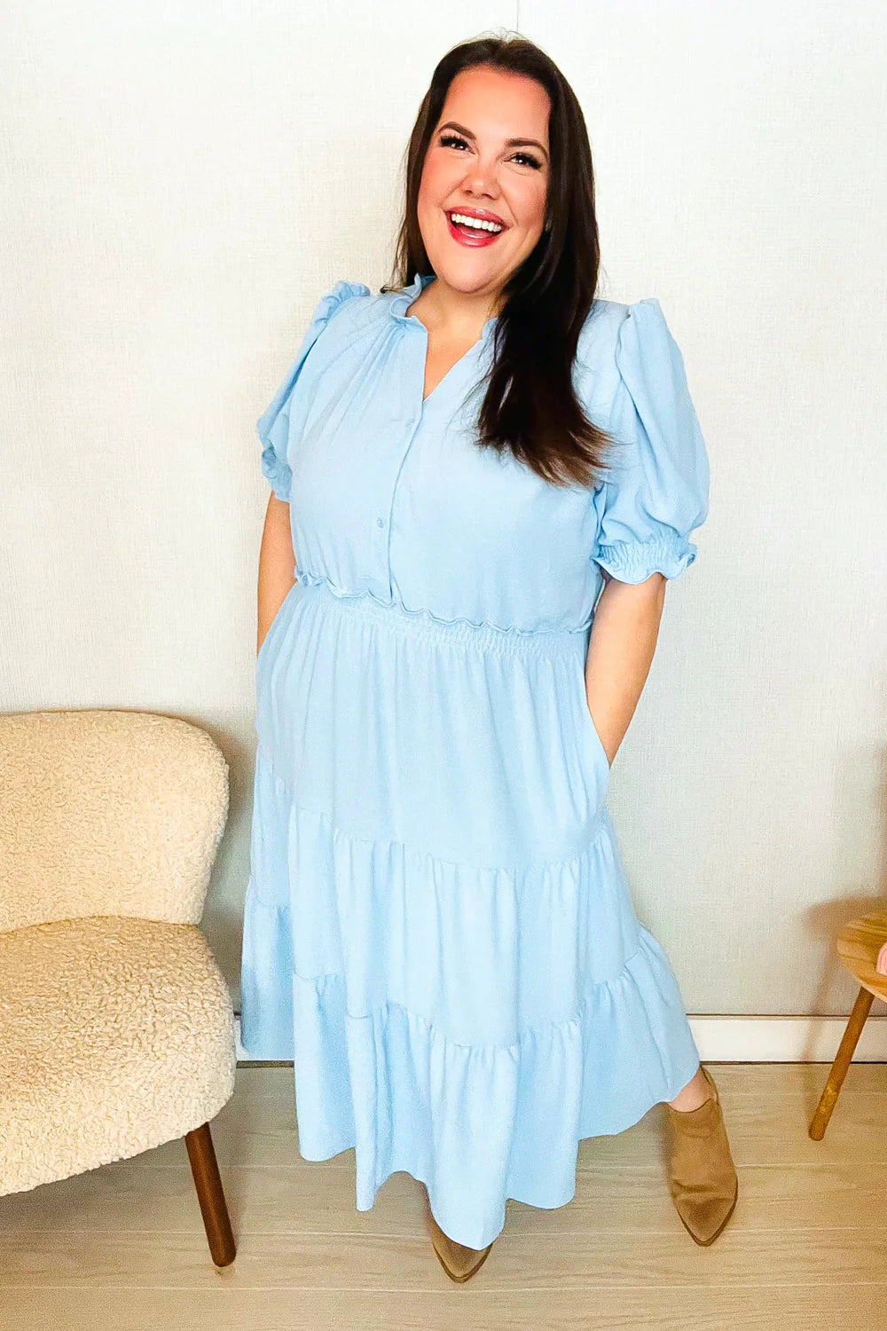 BABY BLUE PERIWINKLE FRILLY NOTCH NECK SHIRRED WAIST TIERED MAXI DRESS