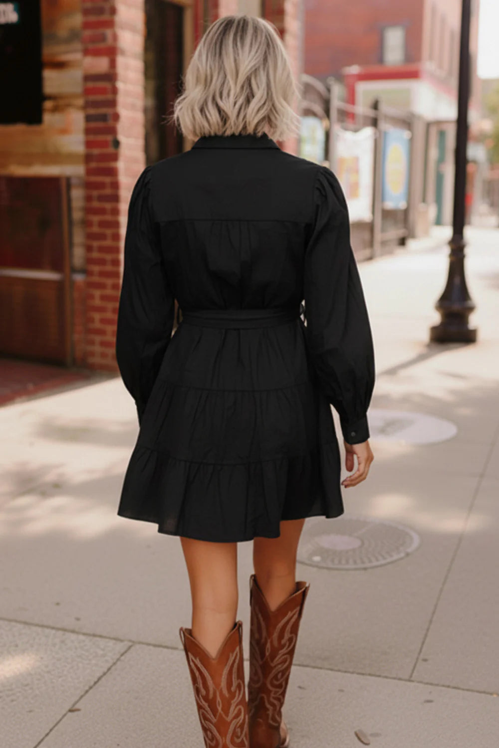 BLACK LONG SLEEVE STARS SEQUIN APPLIQUED POCKETED HOLIDAY BELTED DRESS
