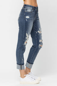 MID RISE CUFFED DESTROYED BOYFRIEND MEDIUM WASH JUDY BLUE DENIM