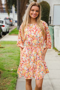 MULTI COLOR FLORAL SYNCHED WAIST POCKETED DRESS