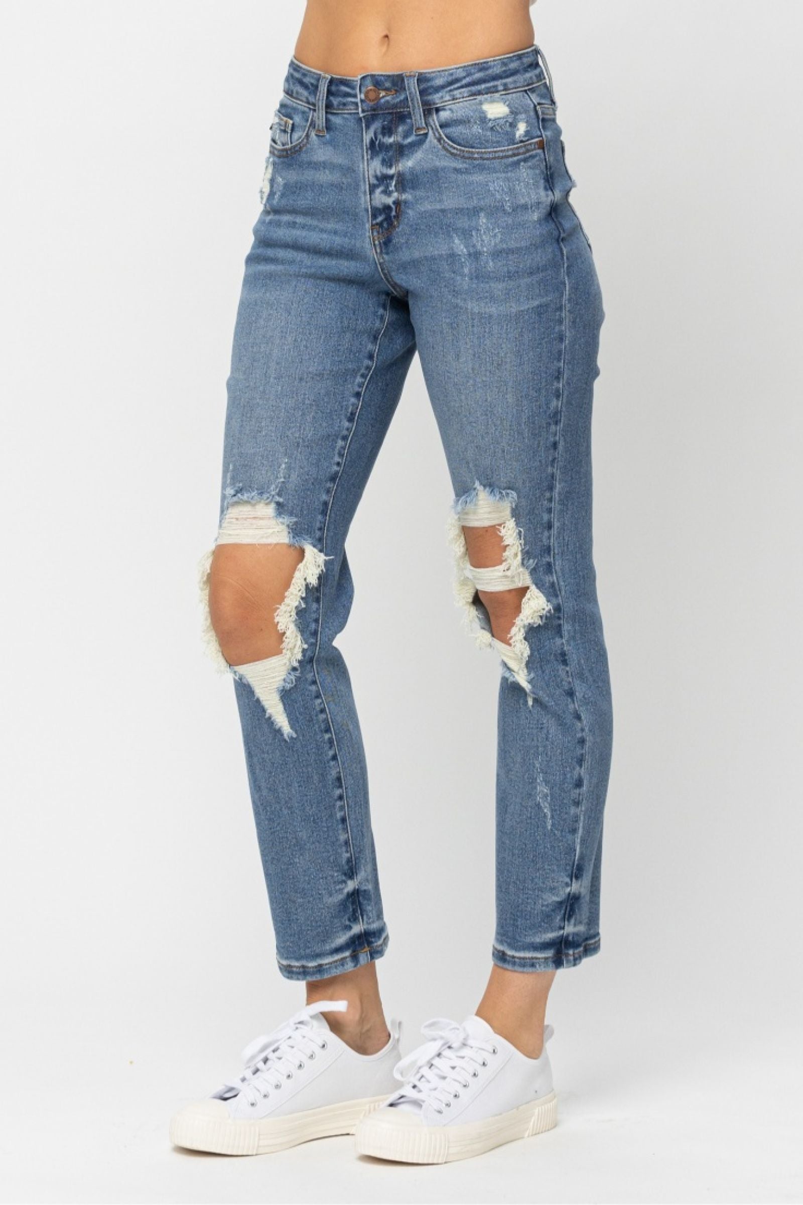 MEDIUM WASH HIGH WAIST DESTROYED BOYFRIEND FIT JUDY BLUE DENIM