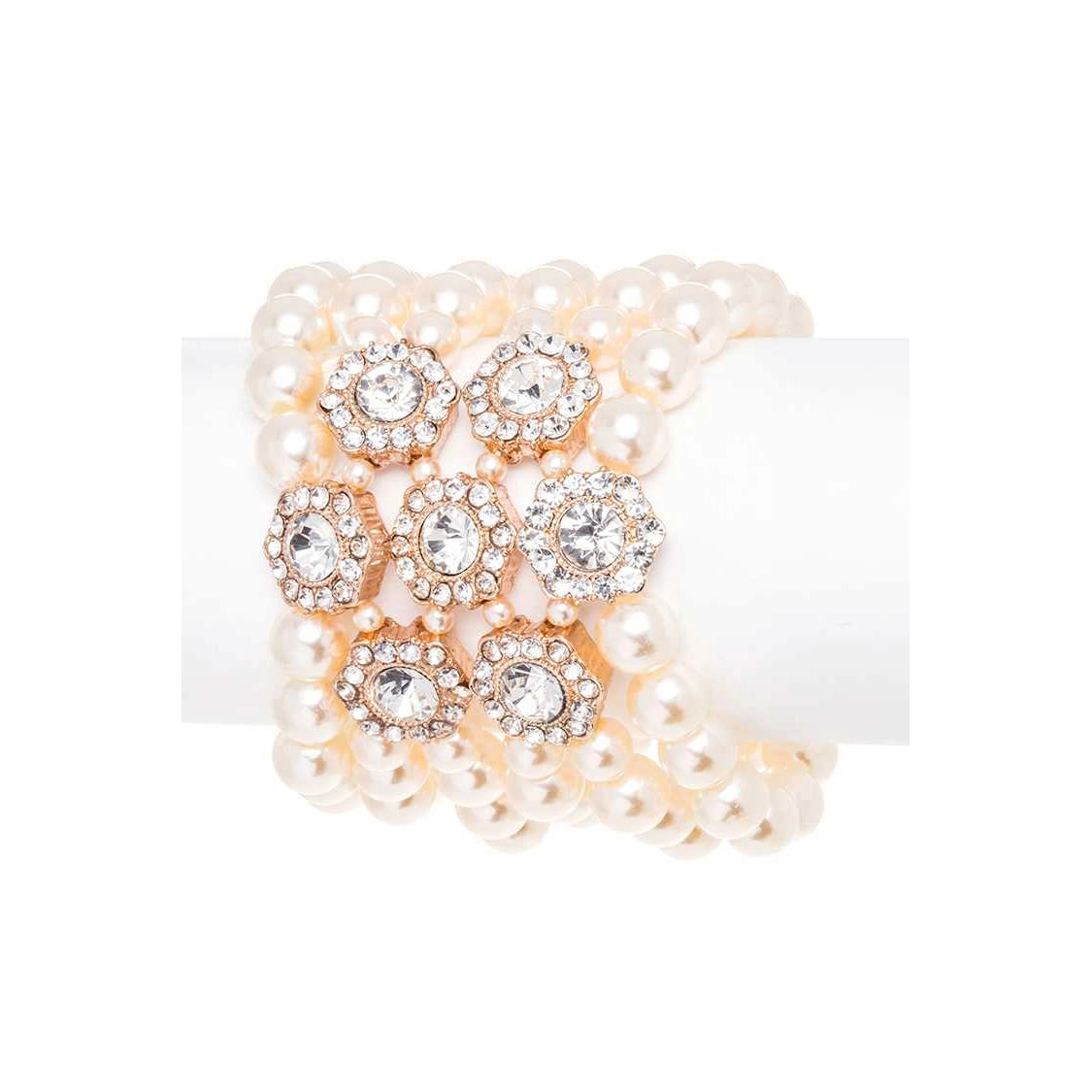 CRYSTAL FLOWER SHAPE CLUSTER OF RHINESTONES PEARL LAYERED STATEMENT COCKTAIL-FORMAL BRACELET
