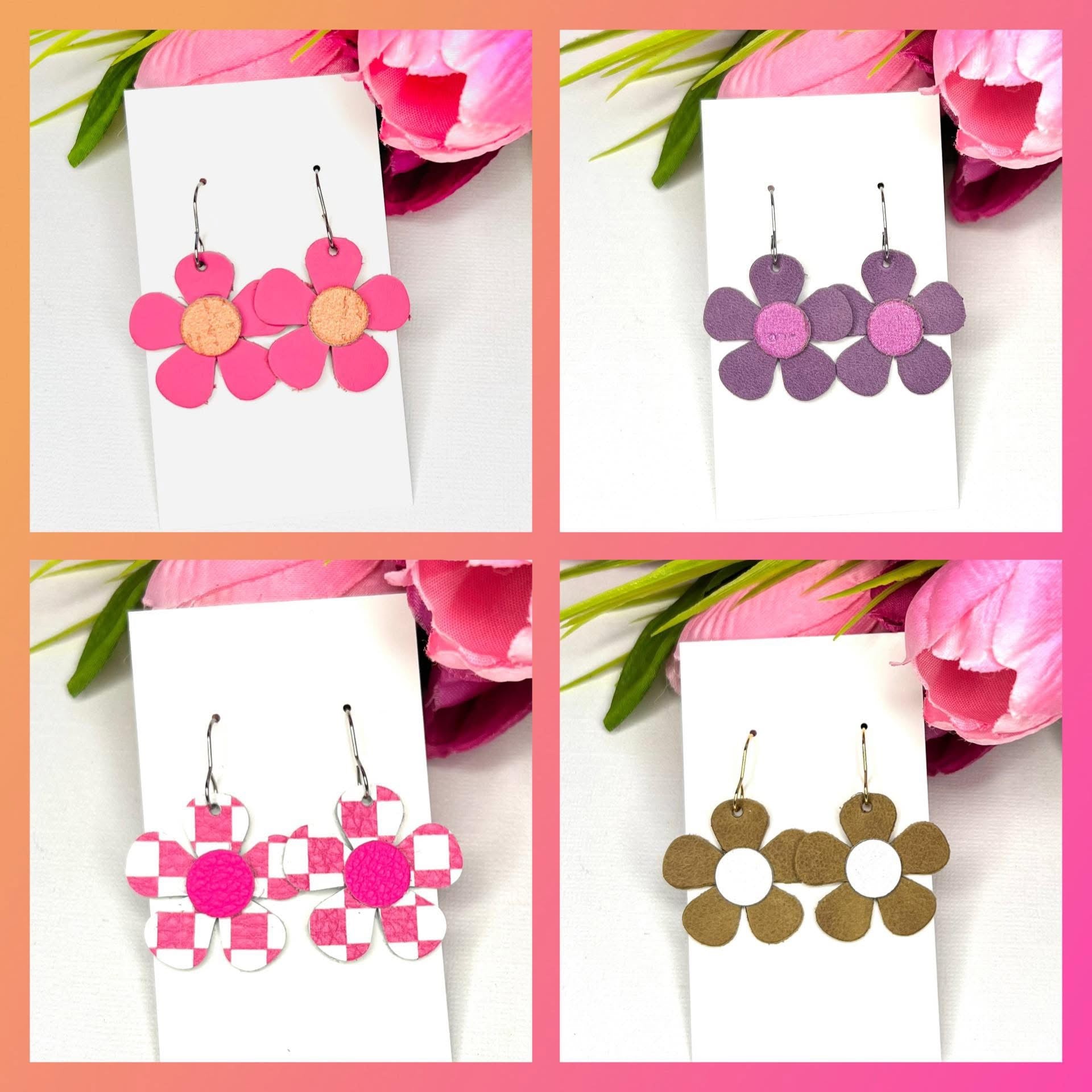 HOT PINK WHITE CHECKERED FLOWERS HANDMADE LEATHER EARRINGS BY B.O.D