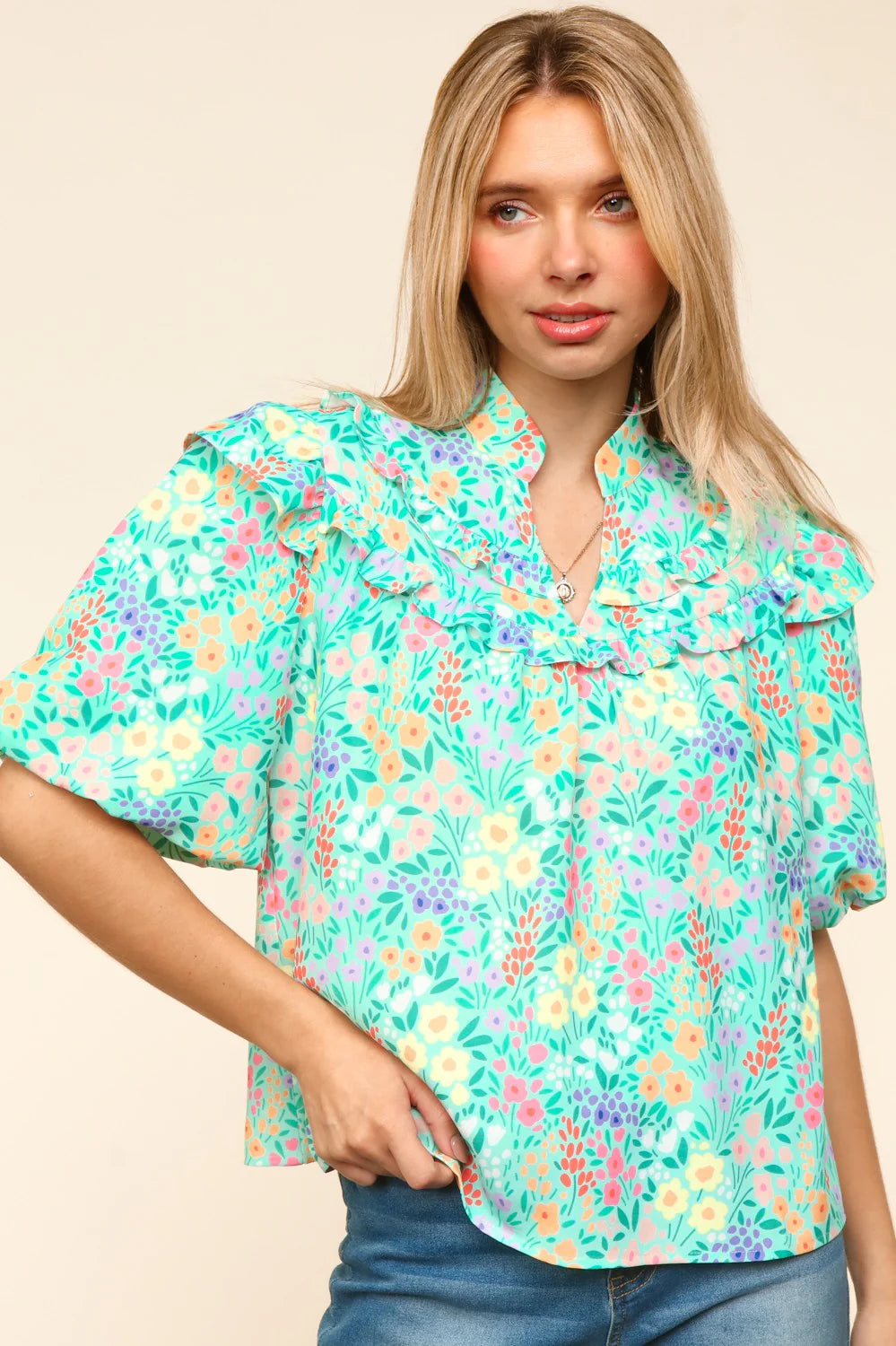 MINT COLOR MULTI SPRING FLORAL NOTCH NECK PUFF SLEEVE TOP