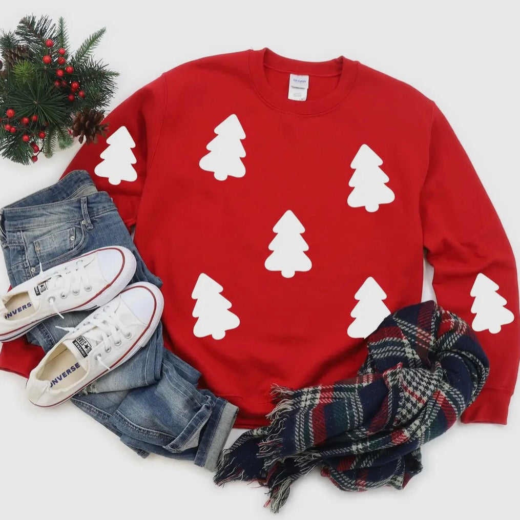 RED WHITE PUFF INK CHRISTMAS TREE SWEATSHIRT