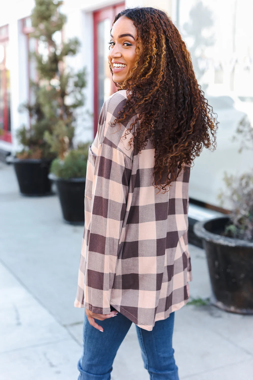 TAUPE PLAID BUTTON DOWN TOP