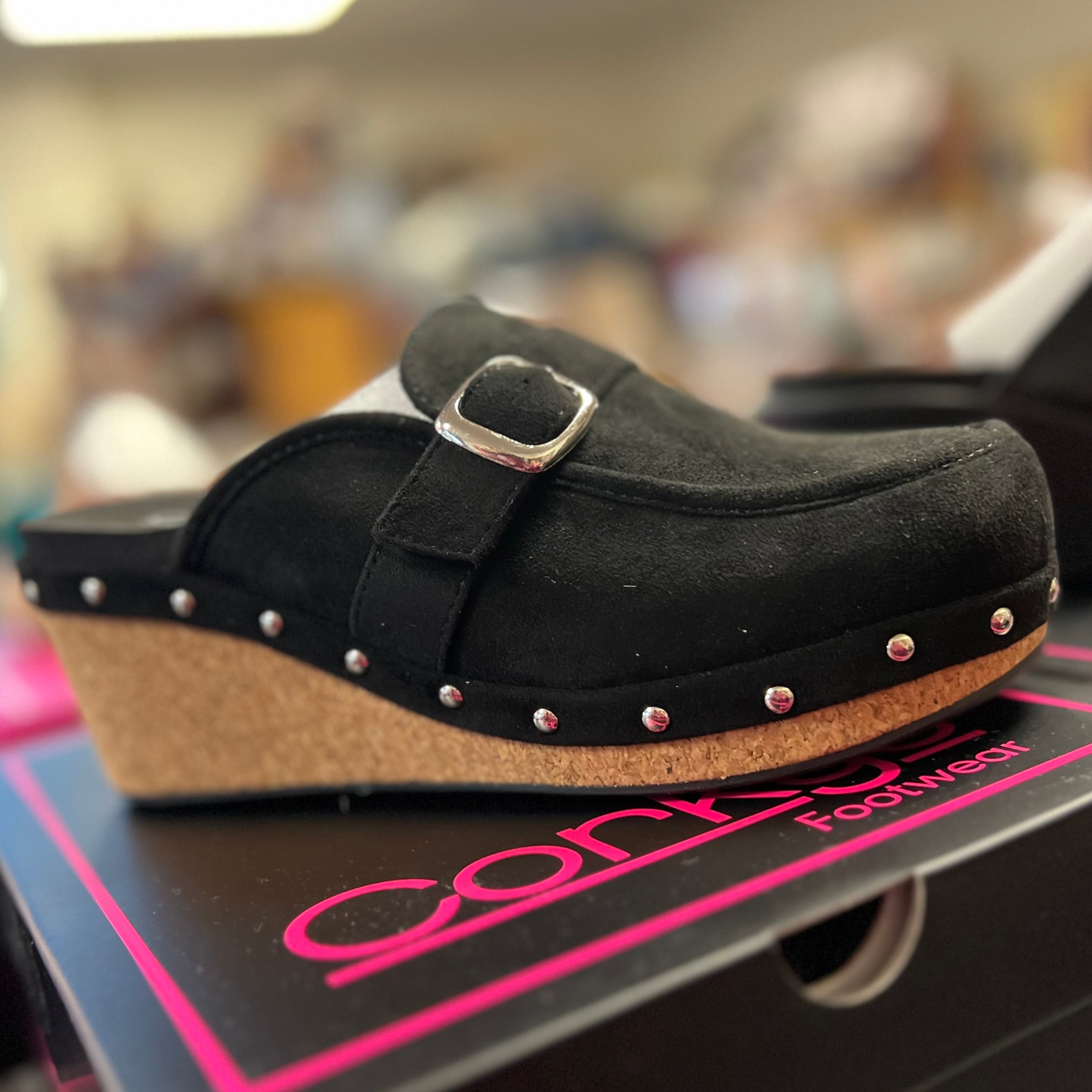 JUST PRECIOUS BLACK FAUX SUEDE CLOSED TOE HEELED SHOE BY CORKYS