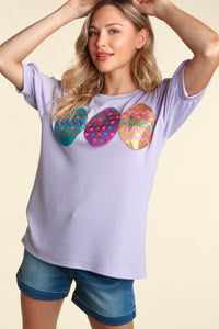 LILAC SEQUINS EASTER EGGS BUBBLE PUFF SLEEVE KNIT TOP-PLUS