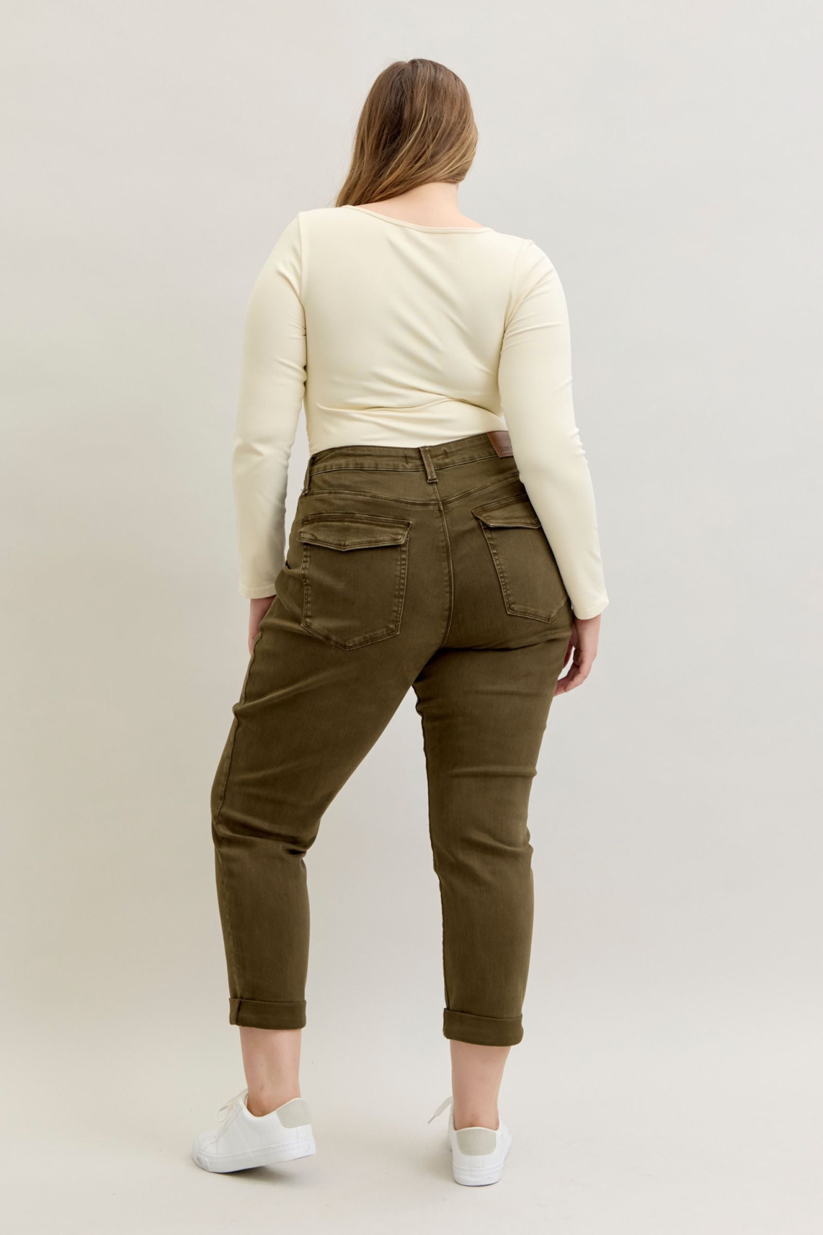 DARK FOREST GREEN HIGH WAIST AURORA WEEKENDER GARMENT DYED CUFFED JUDY BLUE DENIM-PLUS