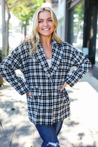 BLACK WHITE HOUNDSTOOTH DESIGN BLAZER PEACOAT
