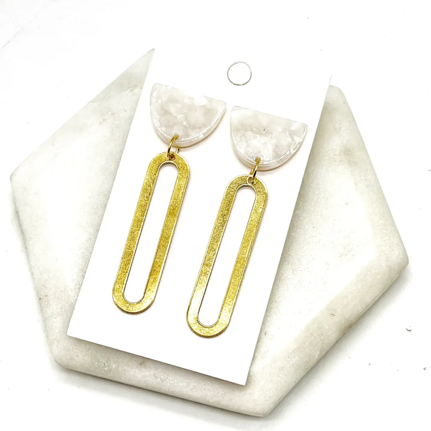 IVORY WHITE GOLD OVAL OBLONGATED ACRYLIC METAL STATEMENT HANDMADE BBB EARRINGS