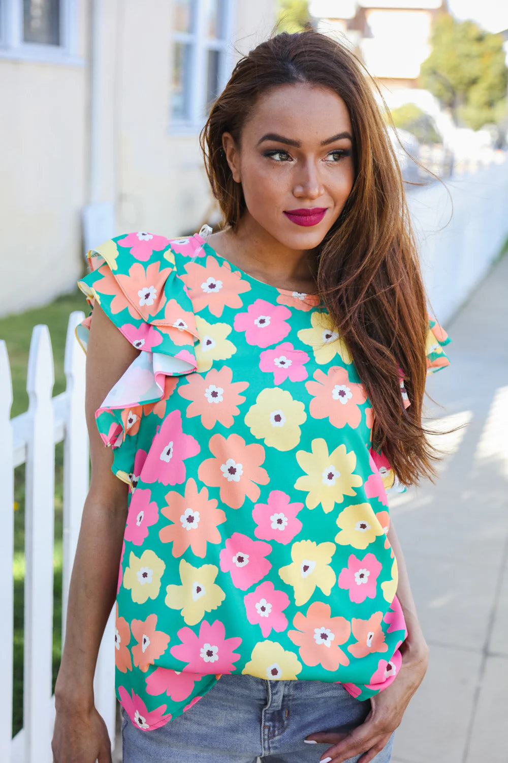 GREEN MULTI FLORAL FLUTTER TOP