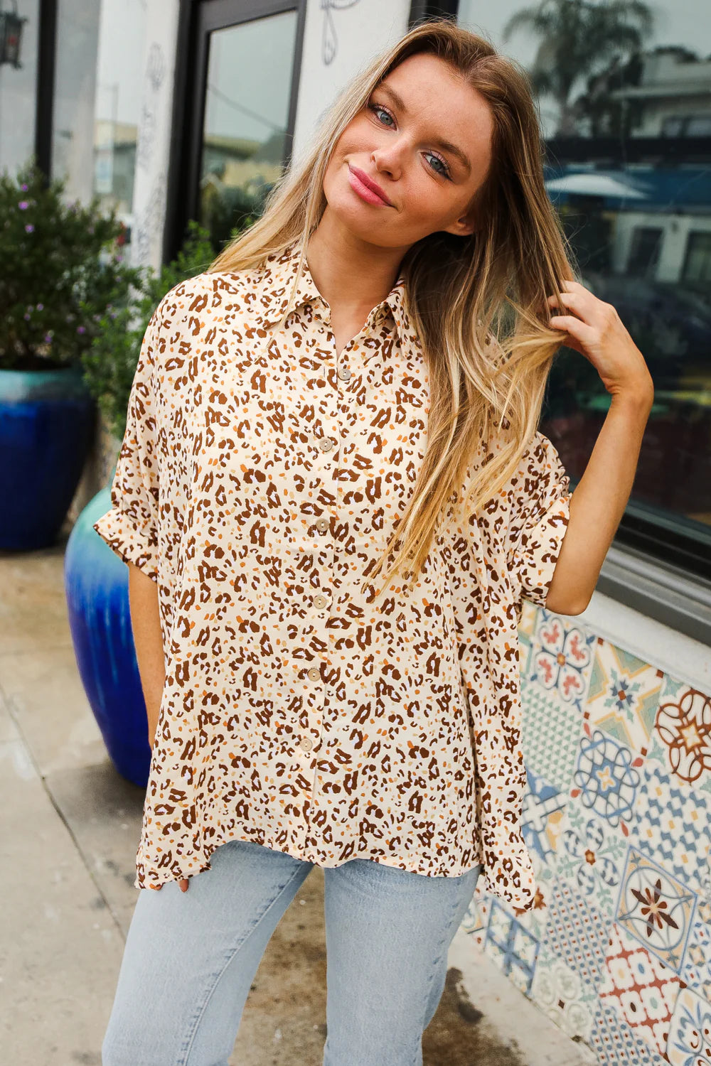TAUPE ANIMAL BUTTON DOWN TOP