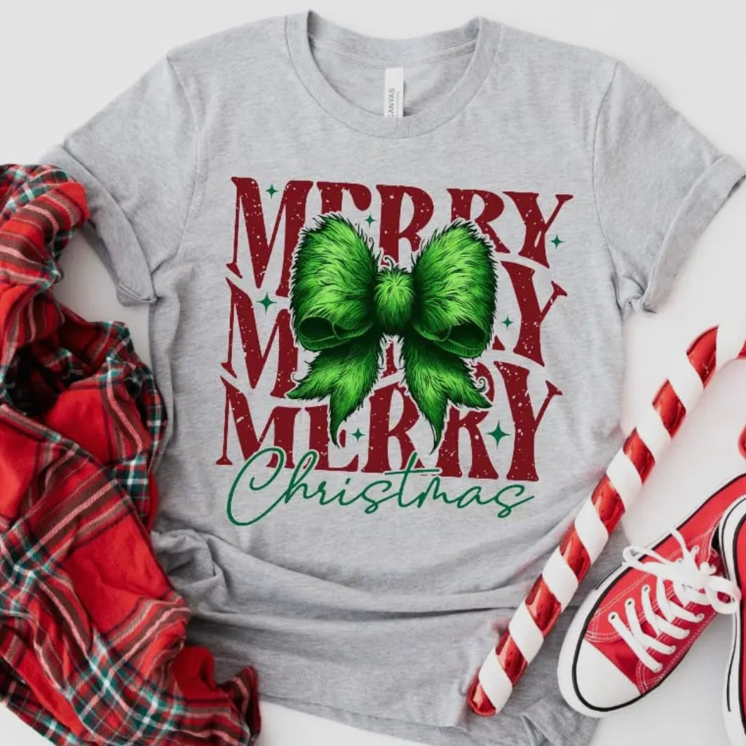 MERRY MERRY MERRY CHRISTMAS WITH MEAN ONE HAIRY FURRY BOW GREY TEE
