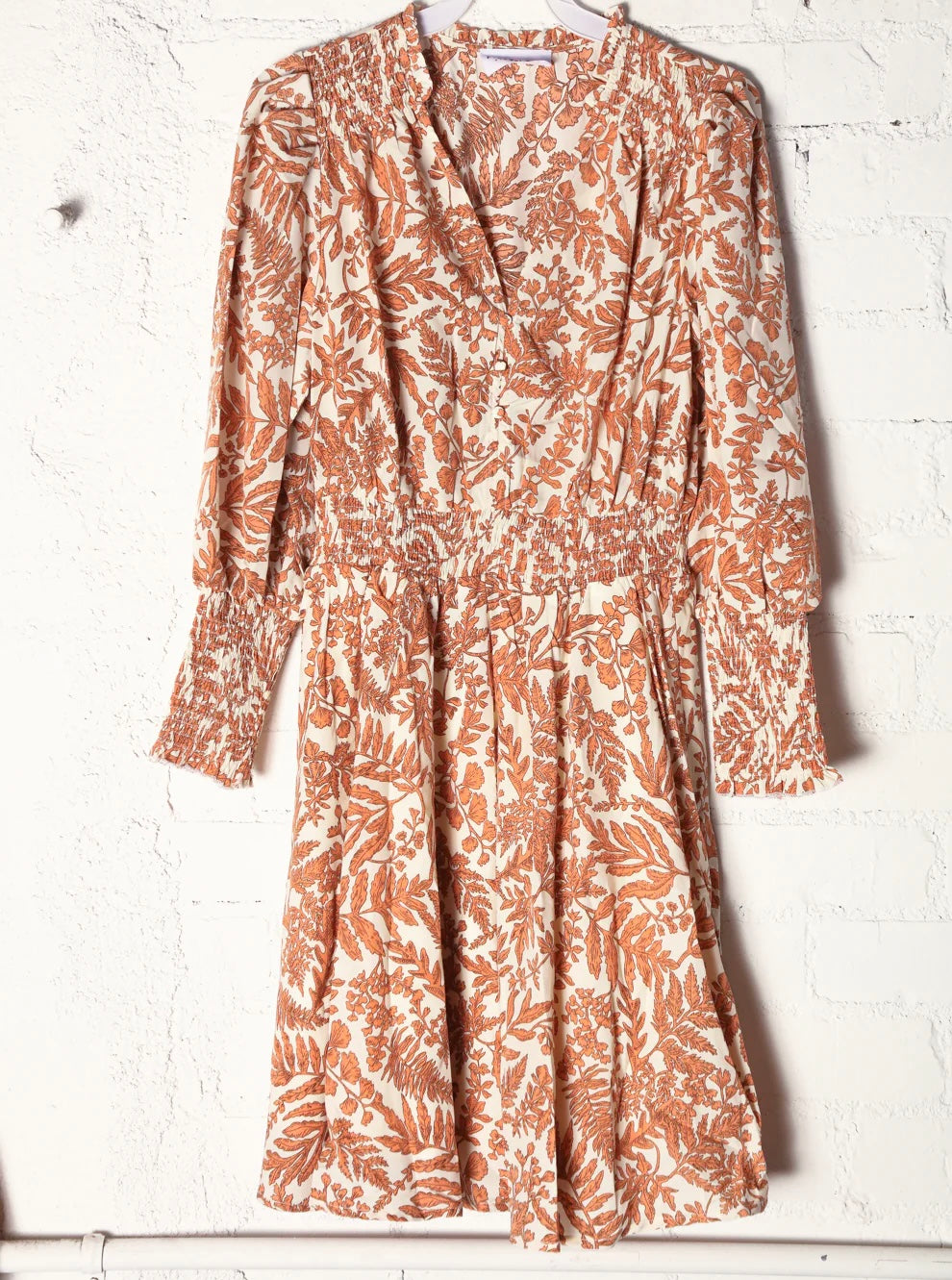 RUST PEACH CREAM FLORAL WOVEN SMOCKED DRESS