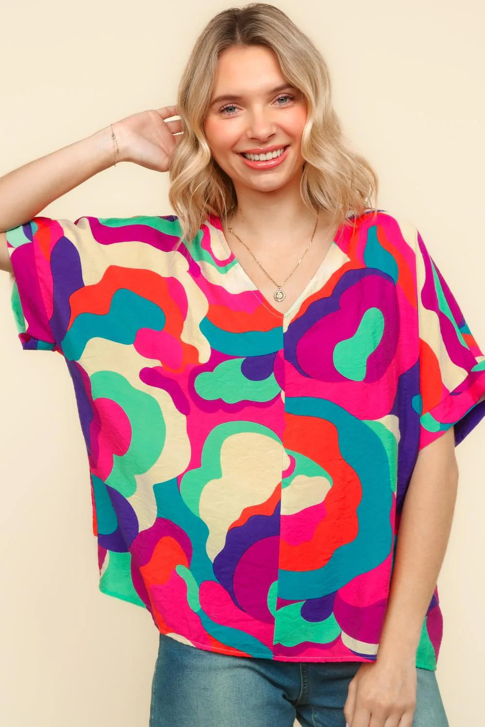 PINK BLUE GEOMETRIC WOVEN DROP SHOULDER TOP