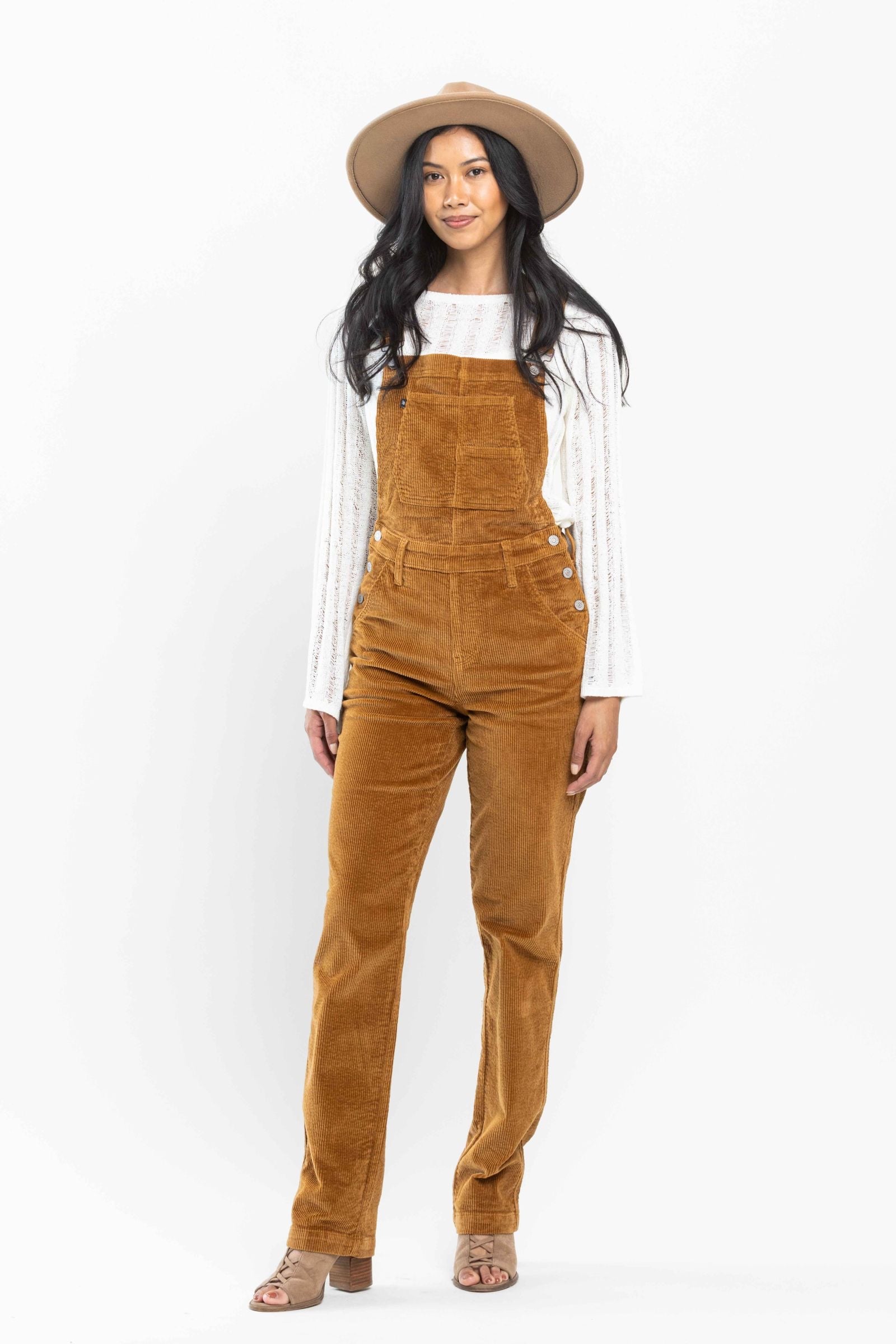 High Waist Camel Over Dyed Corduroy Overalls Straight Fit Judy Blue