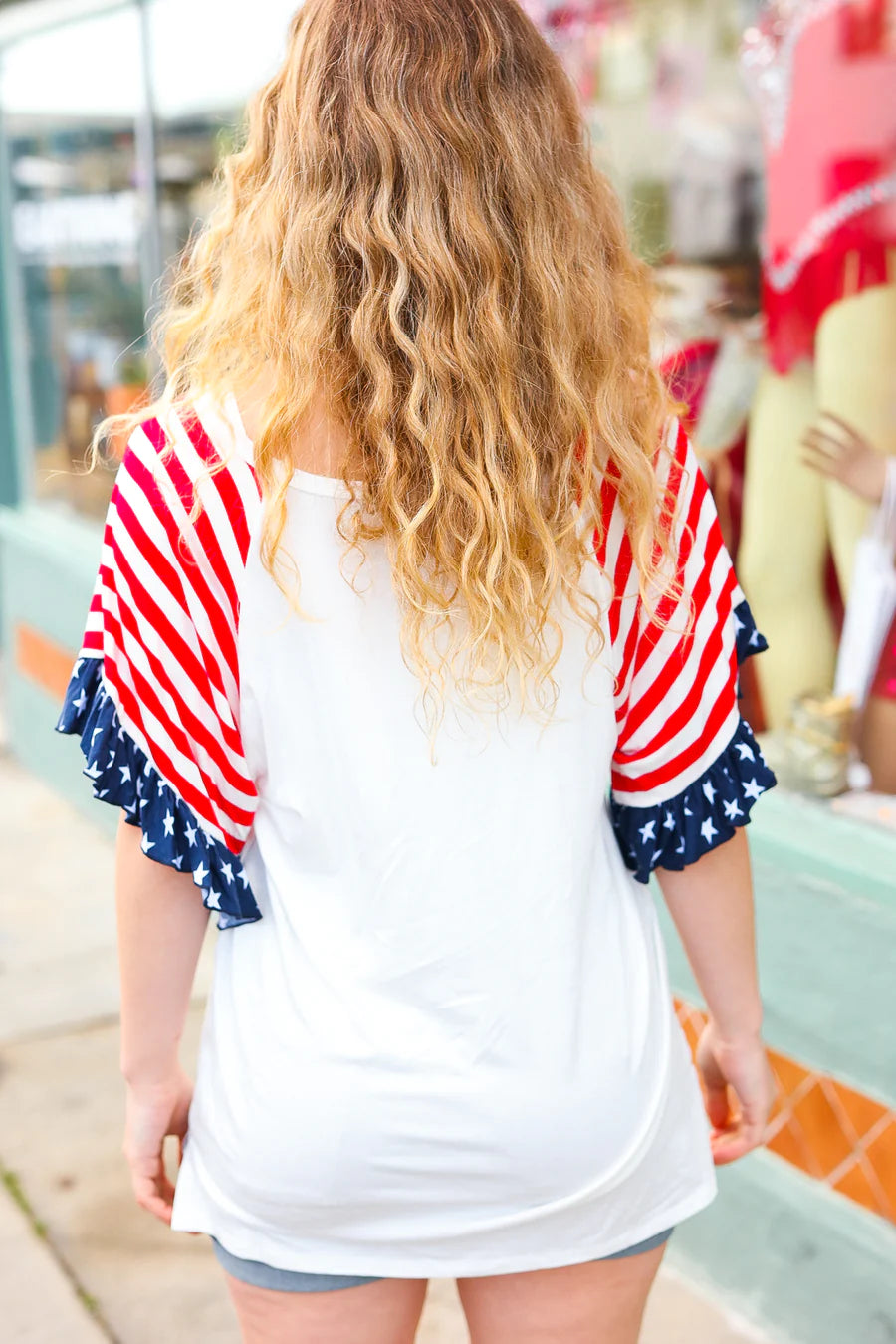 RWB STARS & STRIPES RAGLAN STYLE RUFFLE TOP