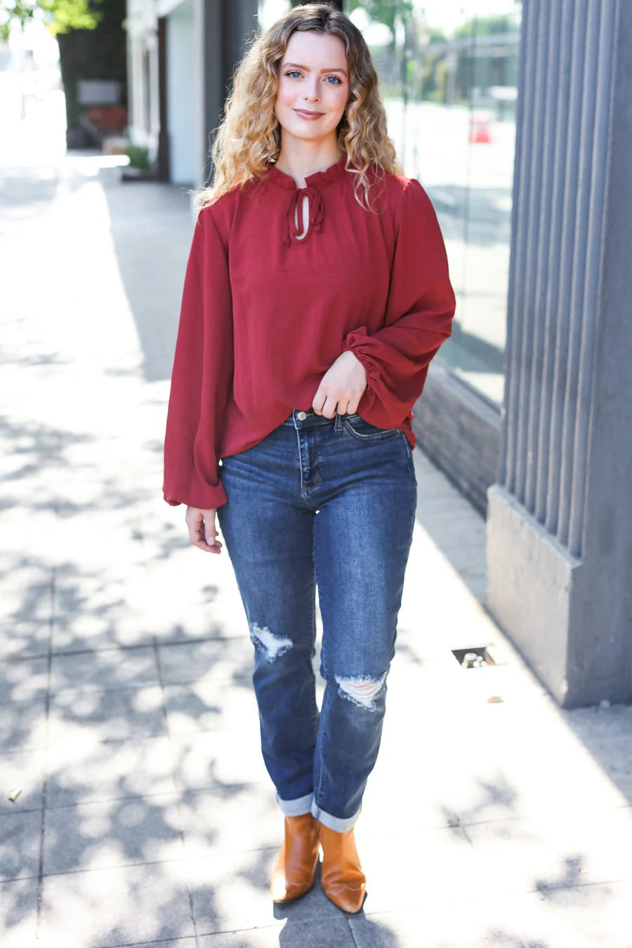 BURGUNDY FRILLED EDGED VNECK TIE LONG SLEEVE TOP-PLUS