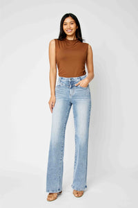 JUDY BLUE HIGH WAIST FRONT YOKE RETRO WIDE MEDIUM WASH DENIM