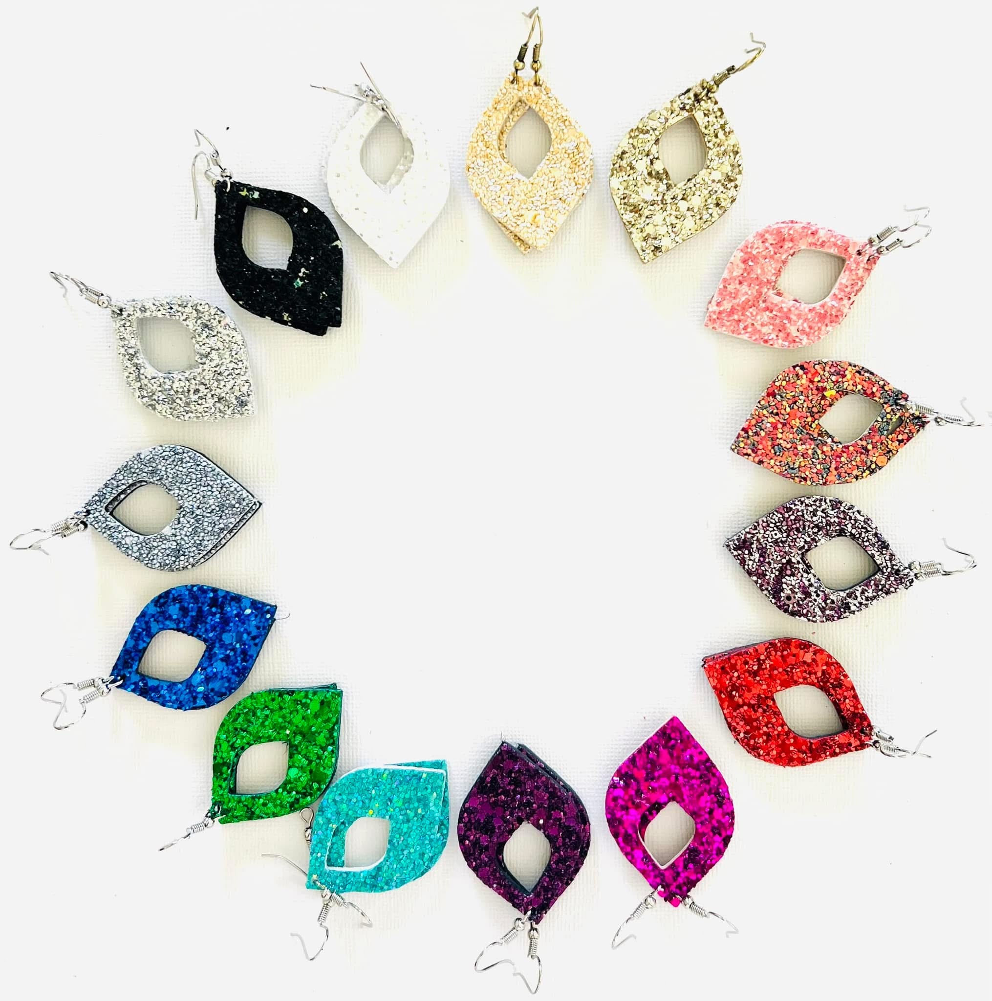 TEARDROP DIAMOND GLITTER OPEN-CENTER DESIGNED LEATHER HANDMADE EARRINGS BY B.O.D