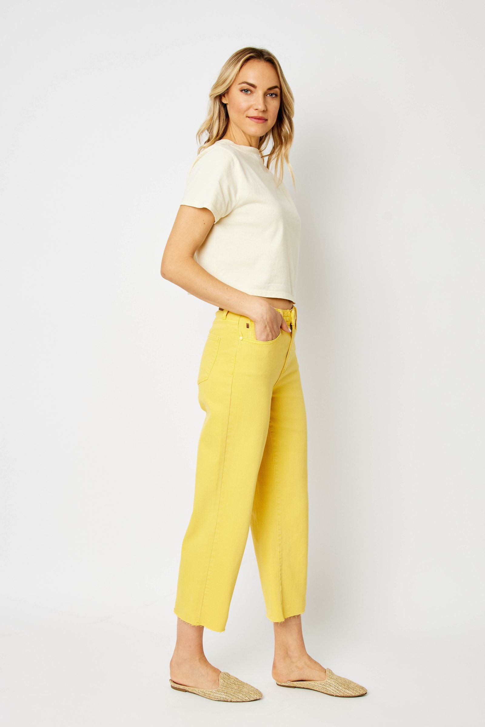YELLOW HIGH WAIST GARMENT DYED BRAIDED WAISTBAND CROP WIDE LEG DENIM JUDY BLUE