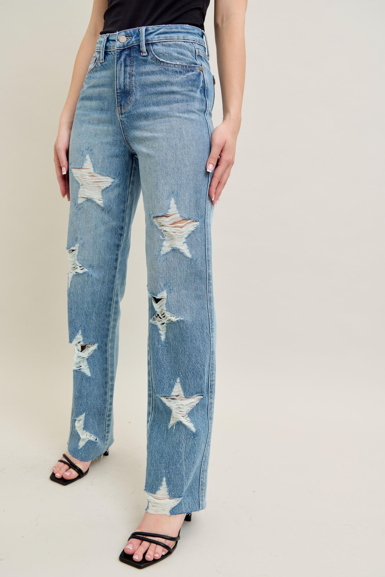 MEDIUM WASH HIGH WAIST RIGID MAGIC STAR SHAPED DESTROYED 90S STRAIGHT JUDY BLUE DENIM-PLUS