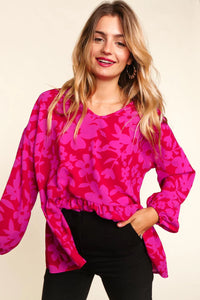 RED FUCHSIA FLORAL BUBBLE WOVEN PEPLUM TOP