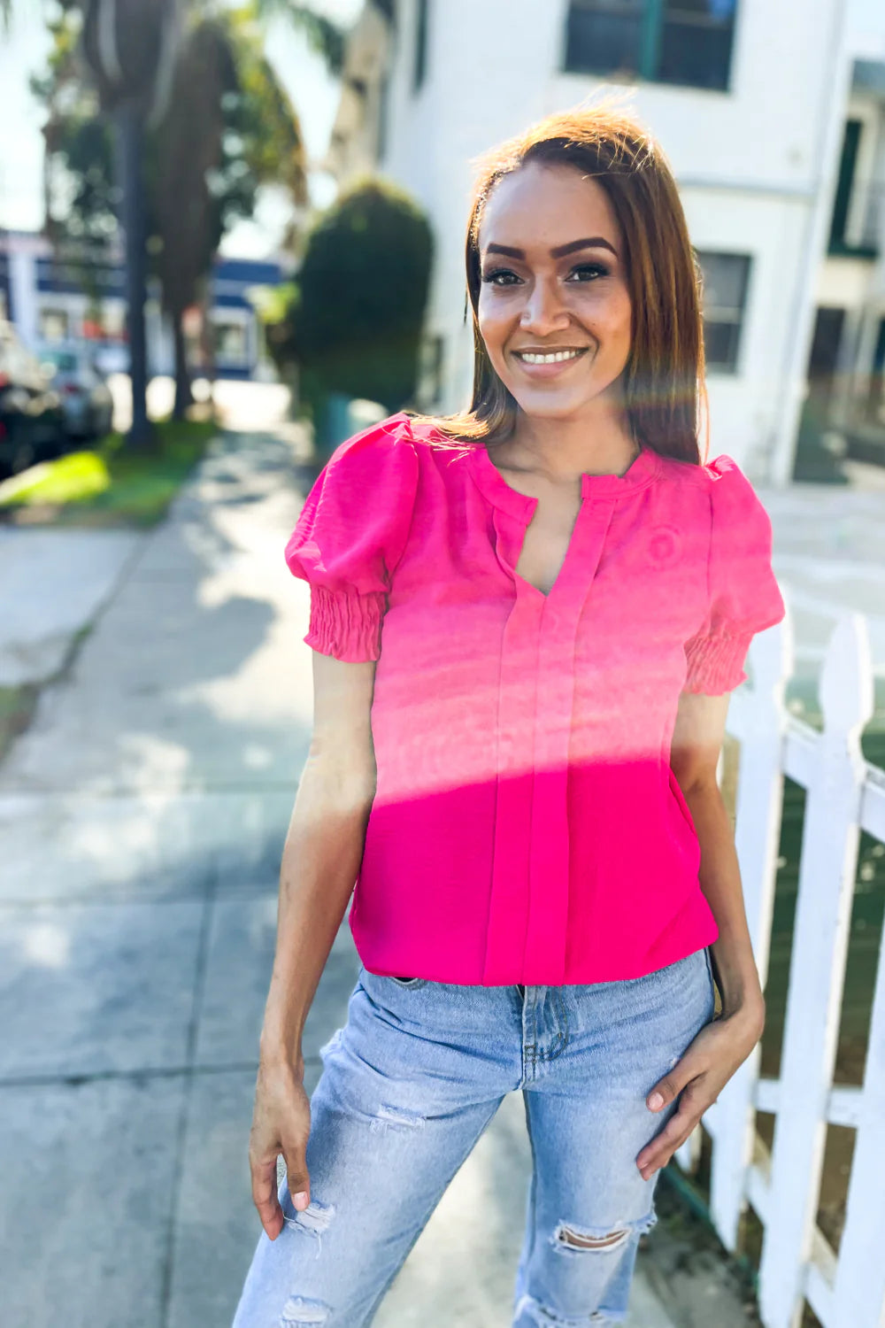 FUCHSIA PINK CRINKLED WOVEN SYNCHED RUCHED SLEEVE TOP