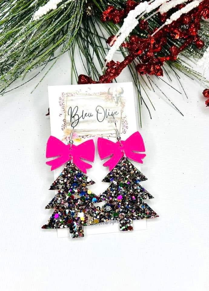 GLITZ & GLAM CHRISTMAS TREE BOW RIBBON TOPPER LIGHTWEIGHT LEATHER DANGLY HANDMADE EARRINGS BY B.O.D