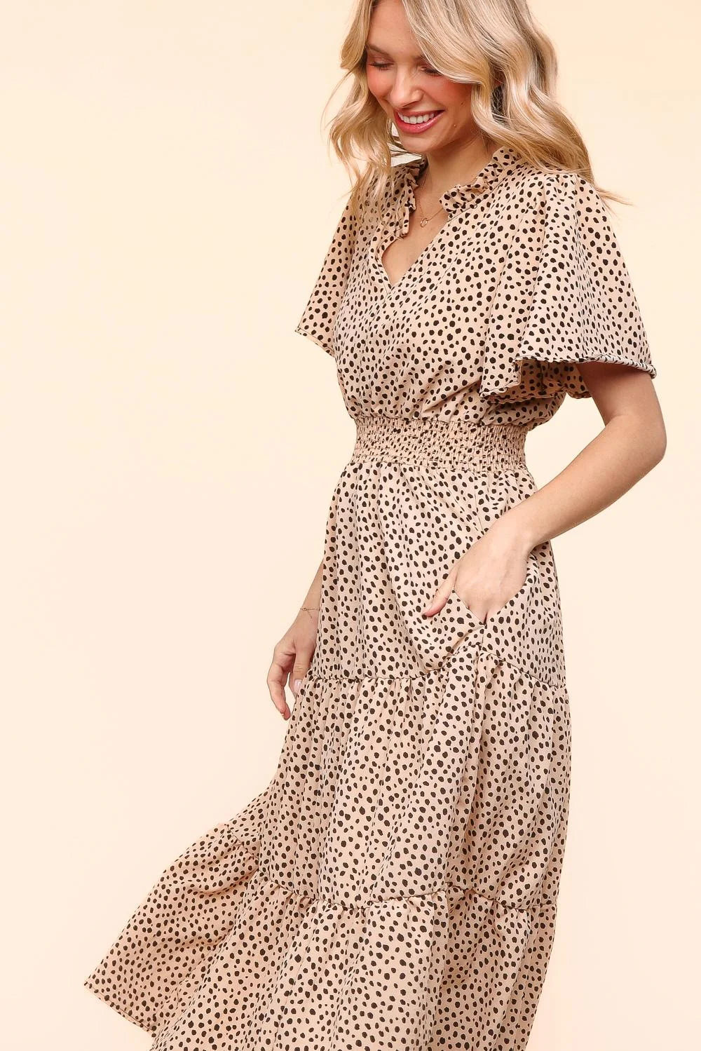 KHAKI TAUPE BLACK ANIMAL DOTTED FIT & FLARE SMOCKED WAIST MAXI DRESS