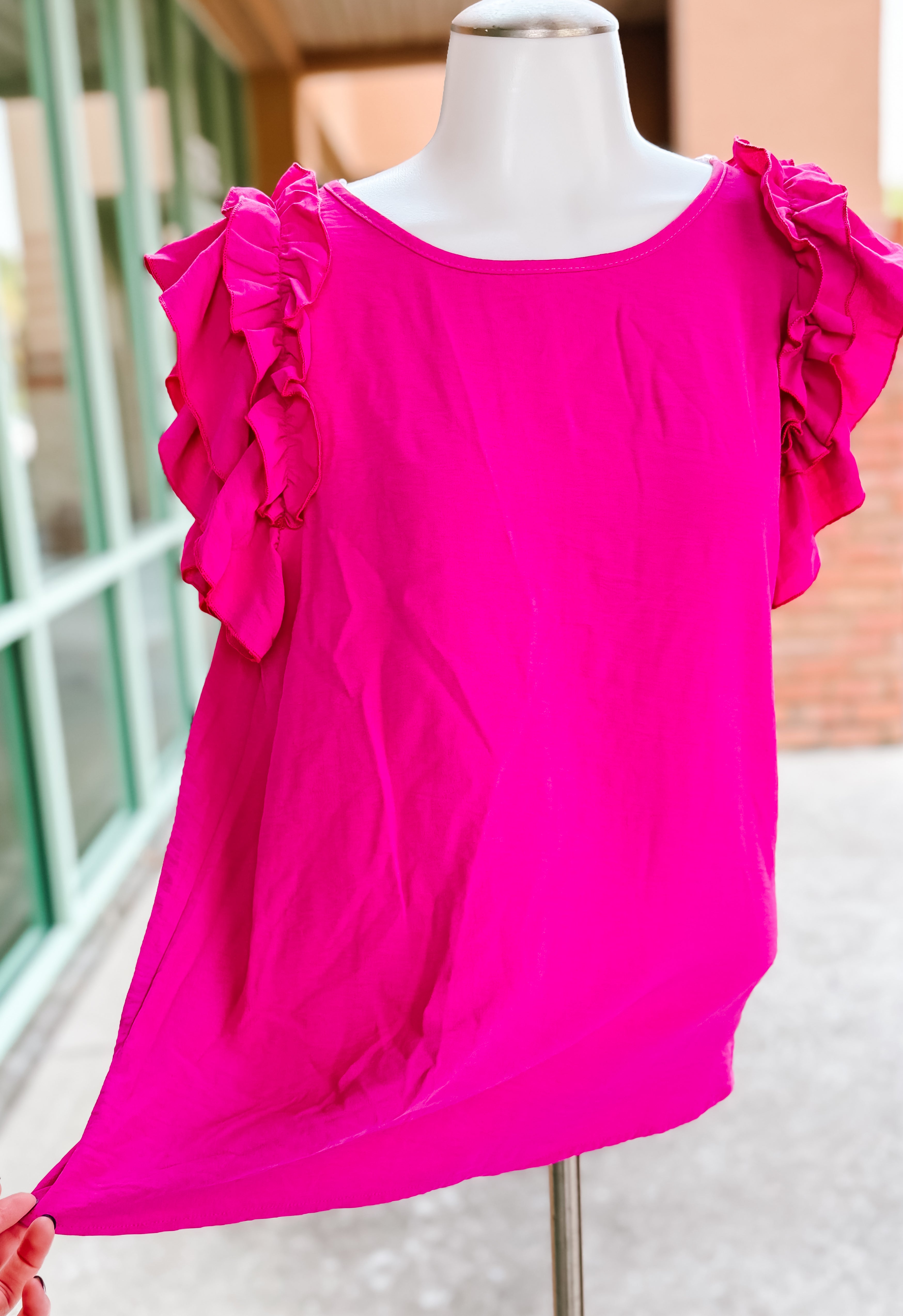 Hot Pink Crinkle Double Ruffle Short Sleeve Top- SALE