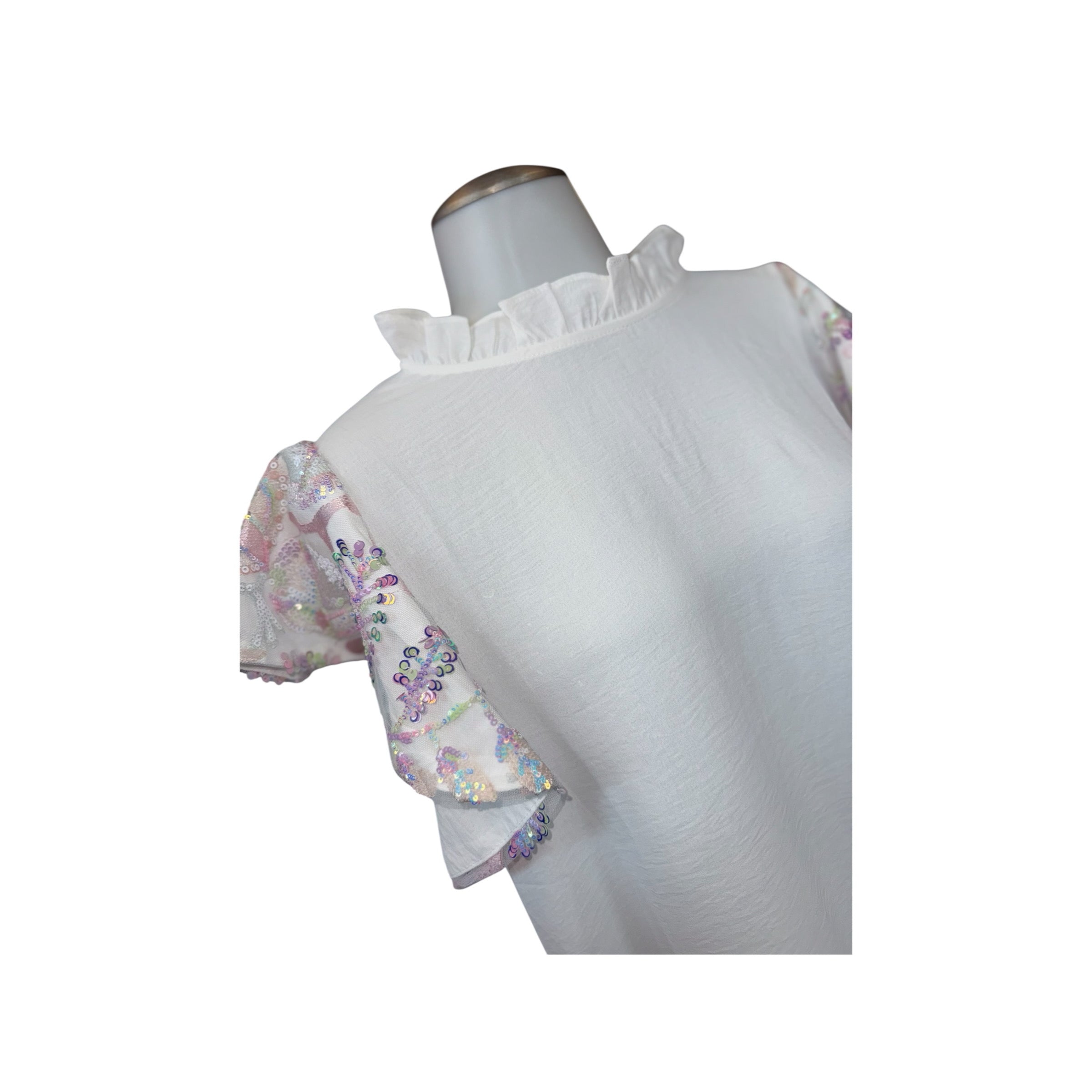 WHITE IRIDESCENT SEQUIN FLUTTER SLEEVE BLOUSE- SALE- MEDIUM & LARGE AVAILABLE